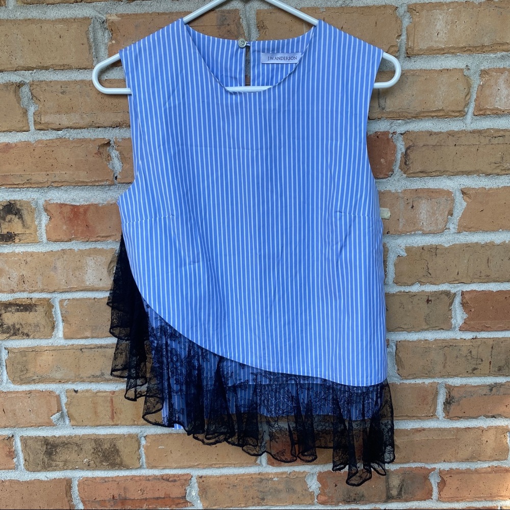 J W Anderson Lace Bottom Trim Blue White Stripe Cotton Blouse Key Hole Back